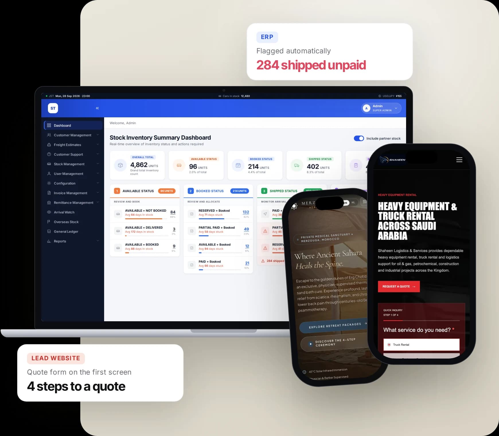 An ERP dashboard we built (sample data) on a laptop, next to the Merzouga Healing and Shaheen Logistics websites on phones