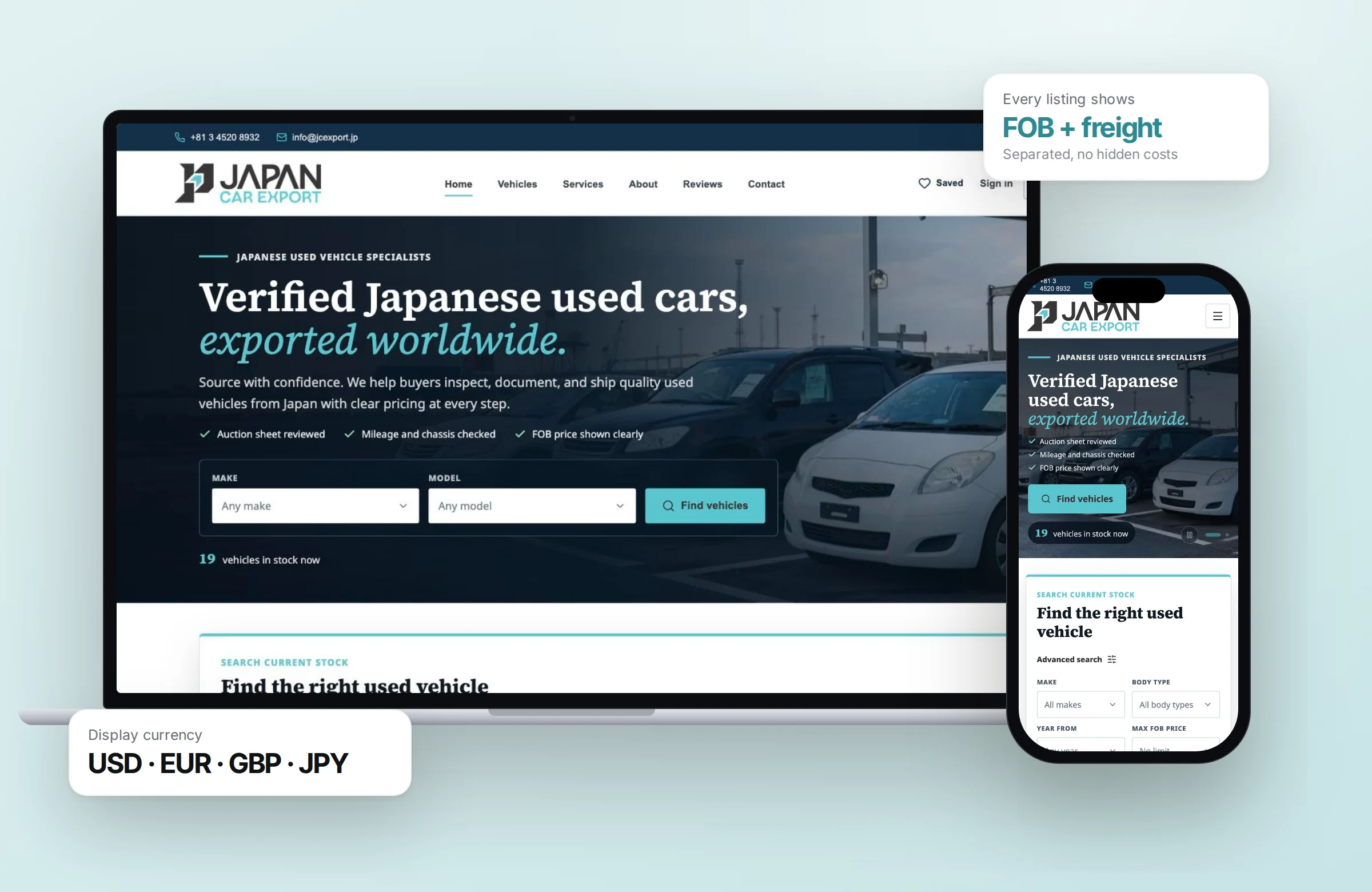 Japan Car Export website on a laptop and phone